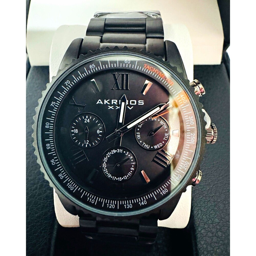 Akribos XXIV Men's Quartz Watch Black Dial SS Bracelet Tachymeter Day/Date